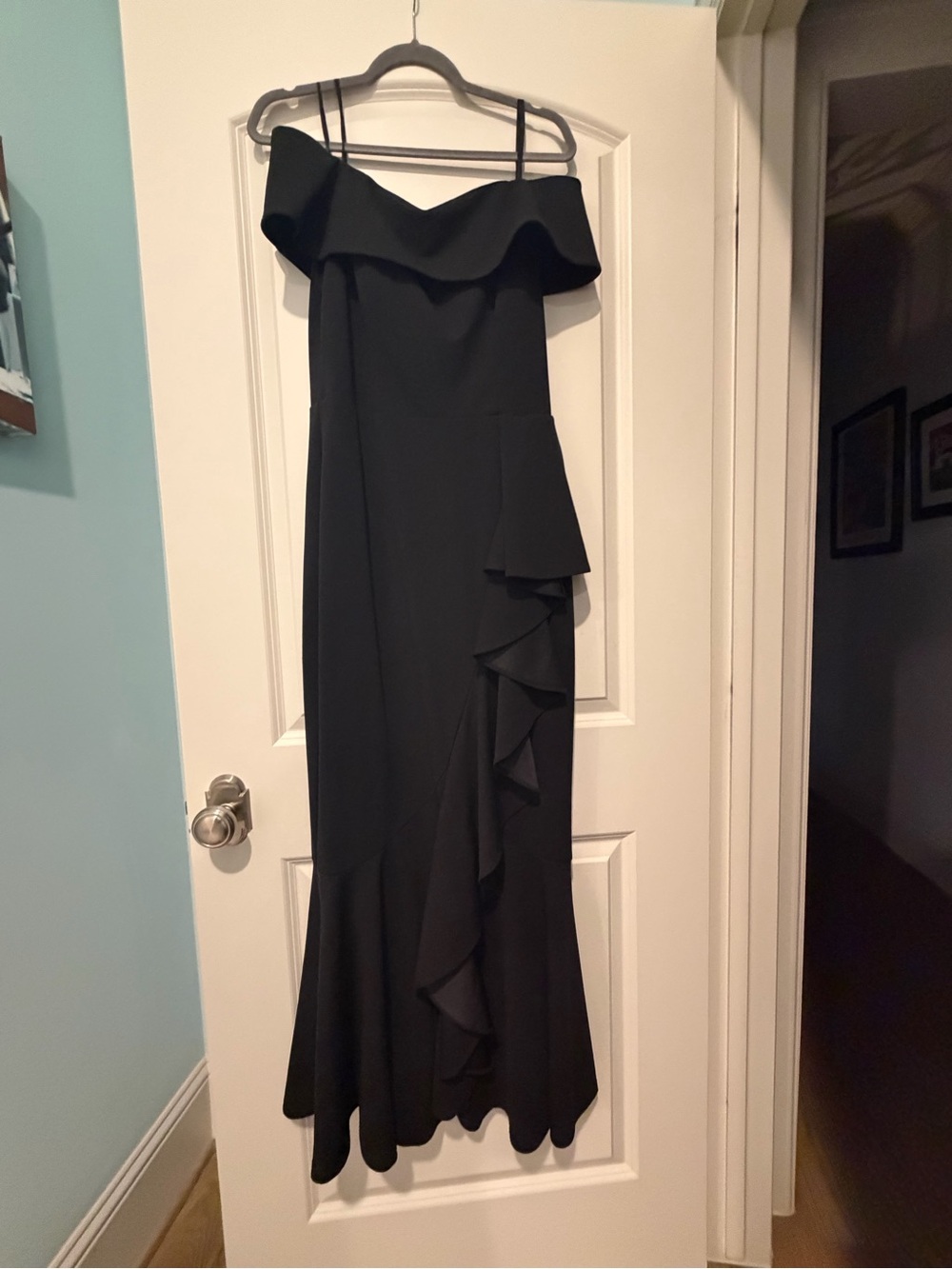 Betsy & Adam Black Off-Shoulder Ruffled Evening Gown